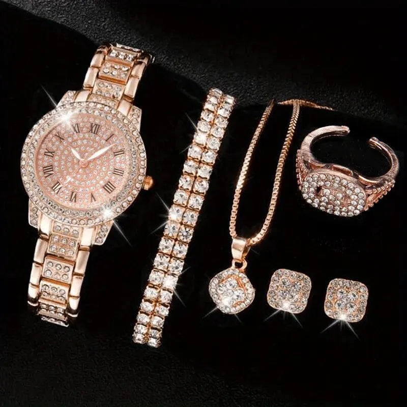 The Ultimate Luxury Vibe  6PCS Alloy & Crystal Watch Set High-Class, Timeless, Unforgettable, Premium Quartz Watch & Bracelet Set Sparkle Brighter, Live Louder, 2026 Edition, Elegant 6-in-1 Luxury Watch & Rhinestone Bracelet Set  Premium Gift