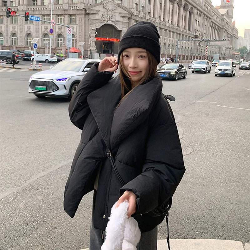Women's Winter Lapel Puffer Jacket Loose Y2K Fashion Down Cotton Coat Woman Solid Color Casual Windproof Warm Cropped Parkas