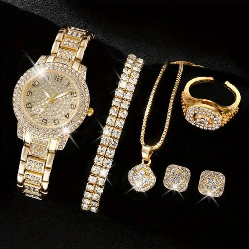 The Ultimate Luxury Vibe  6PCS Alloy & Crystal Watch Set High-Class, Timeless, Unforgettable, Premium Quartz Watch & Bracelet Set Sparkle Brighter, Live Louder, 2026 Edition, Elegant 6-in-1 Luxury Watch & Rhinestone Bracelet Set  Premium Gift