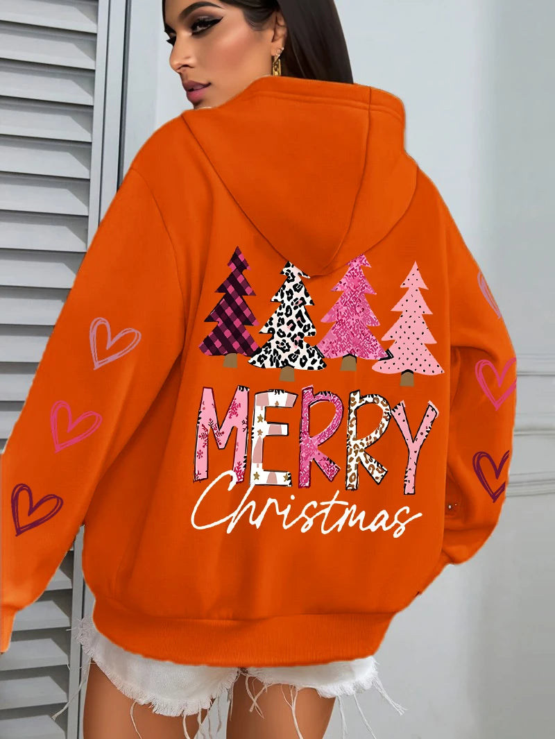 All Match Holiday Streetwear Women’s Merry Christmas Hoodie, Casual, Cozy & Christmas-Ready Harajuku Pink Tree Pullover, Merry Christmas Pink and more colours Tree Hoodie!, Celebrate 2025 in Style Christmas Tree Loose Hoodie