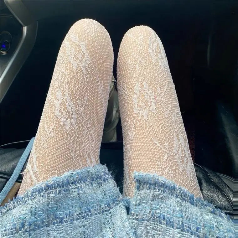 High Quality Heart Flower Pattern Pantyhose, Trendy Japanese Punk Inspired Mesh Tights Sexy, Soft & Premium, Mesh Heart & Flower Fishnet Stockings, Sexy & Cute! Heart Flower Mesh Fishnet Tights for Trendy Girls