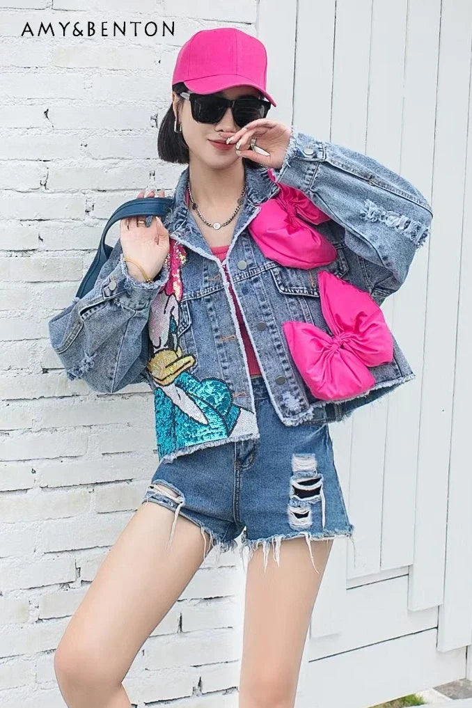 Fashion Brand Jeans Coat Women's Spring Autumn New Heavy Industry Cartoon Sequins Chaqueta High Street Loose-Fitting Denim Coats