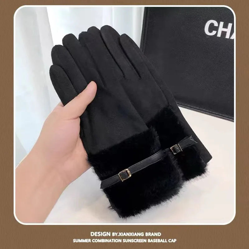 Winter Plush Gloves for Women, Elegant and Warm Riding, Anti Freezing Suede Gloves, Finger Count Touch Screen Gloves