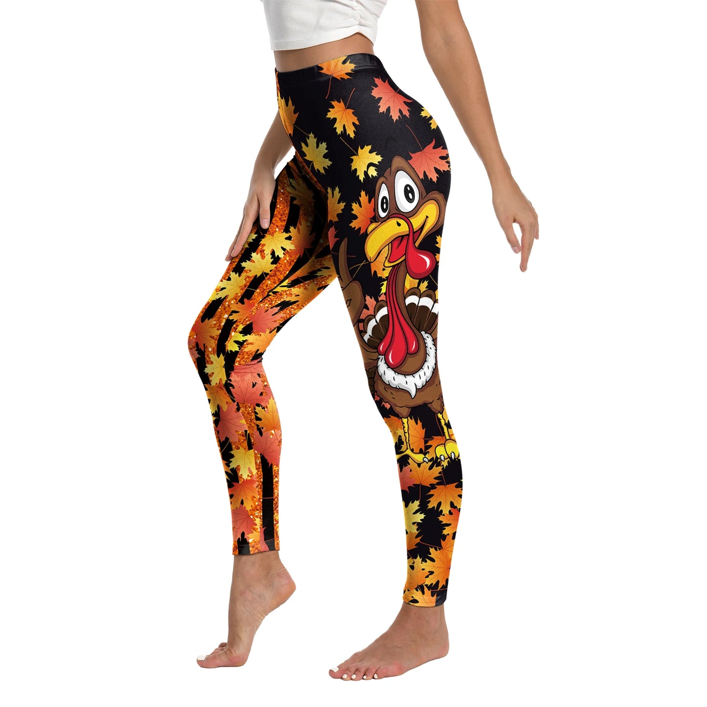 High Quality 2026 Edition Maple Leaf Pattern Cosplay Leggings Thanksgiving Day Turkey Tight Pants Woman Autumn Holiday Costumes Party Performance Trousers