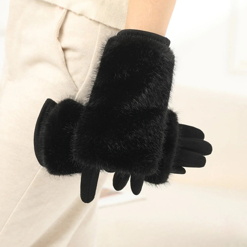 Premium 2026 Women's autumn and winter rabbit fur gloves plus velvet thickened windproof and warm riding cold-proof touch screen suede gloves