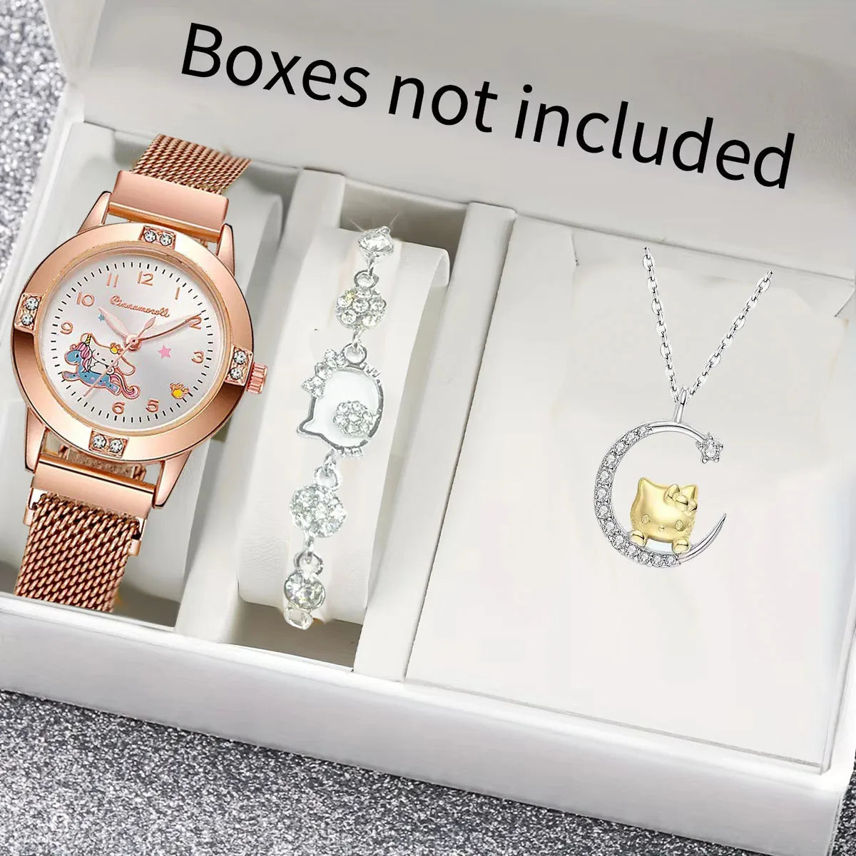 2026 Premium Luxury! Hello Kitty Diamond Watch Gift & Watch Set for Trendy Queens , Limited Edition 3PCS Hello Kitty Watch & Jewelry Gift Set Adorable Meets Elegant, Diamond Watch Set for Trendy Queens