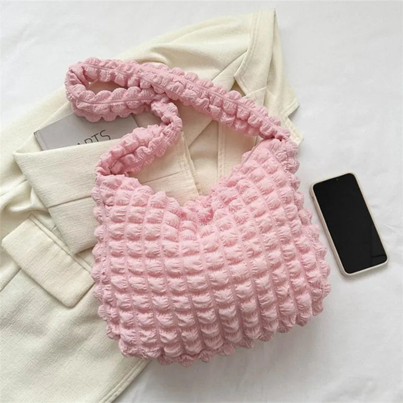 Crossbody Bag With Pleated Design Embroidered Plaid Shoulder Bag Underarm Bags Simple Large Capacity Quilted Tote Bags For Women