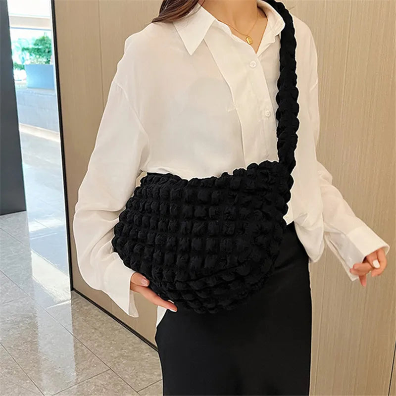 Crossbody Bag With Pleated Design Embroidered Plaid Shoulder Bag Underarm Bags Simple Large Capacity Quilted Tote Bags For Women