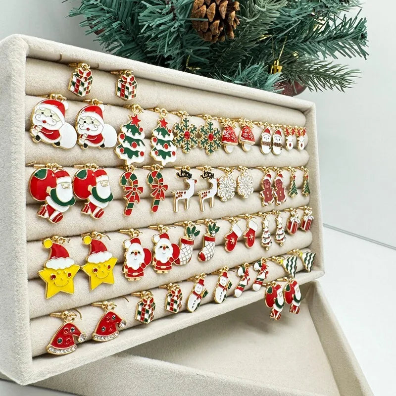 Brand New 2026 Style Premium Quality 25Pairs/5Pairs Christmas Series Earrings Cartoon Santa Claus Gingerbread Man Snowflake Alloy Earrings Set Women Christmas Gifts