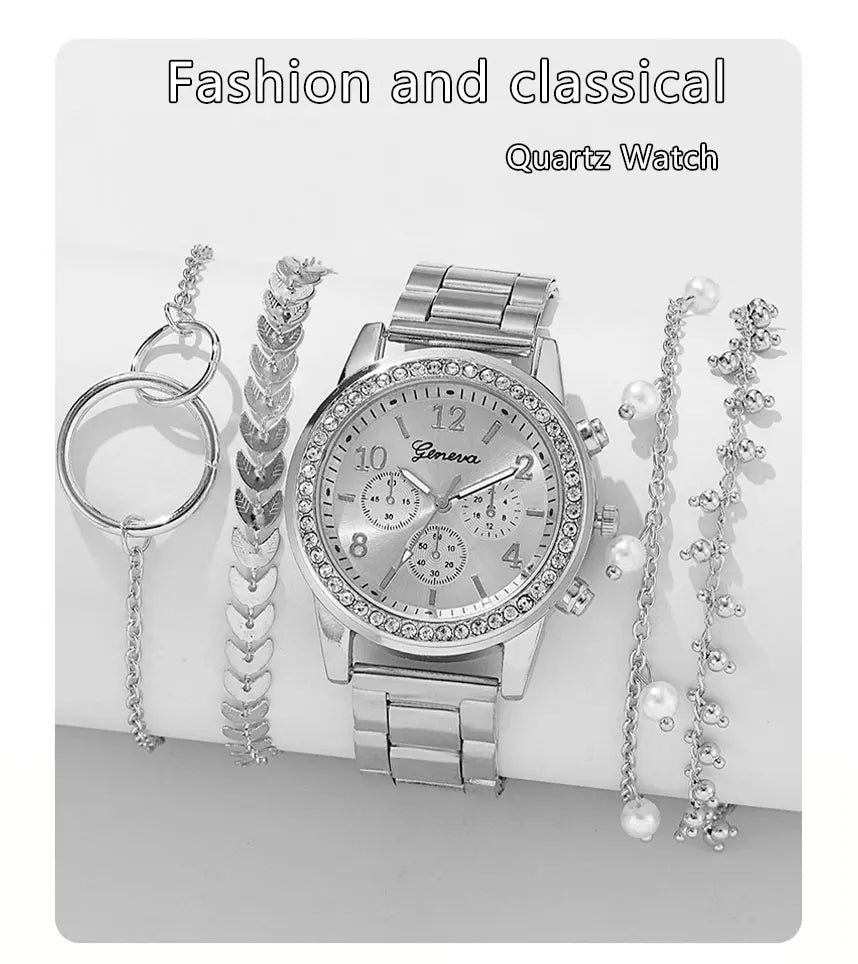 Luxury Quartz Watch Set for Women Premium Silver Elegance with Rhinestone Detail, High Quality 5PCS Women’s Fashion Watch Set Sleek Silver Alloy & Timeless Style, Premium Women’s Silver Quartz Watches Jewelry Set for Chic & Timeless Looks