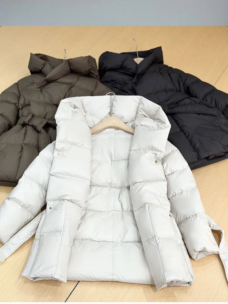 Winter Hooded Women's Down Jackets Ultra Light Warm Casual Lace-up Coat Female Puffer Jacket With Belt Elegant Parka Overcoat