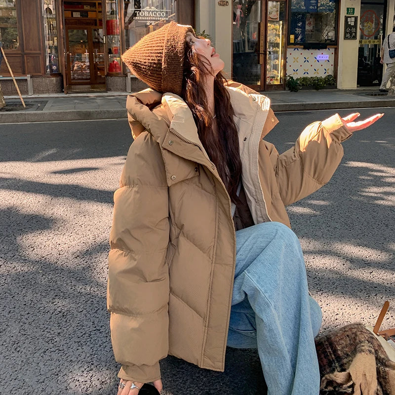 2025 Autumn Winter Puffer Jacket Women Thicken Down Cotton Padded Loose Coat Female Hooded Solid Long Sleeve Short Parkas