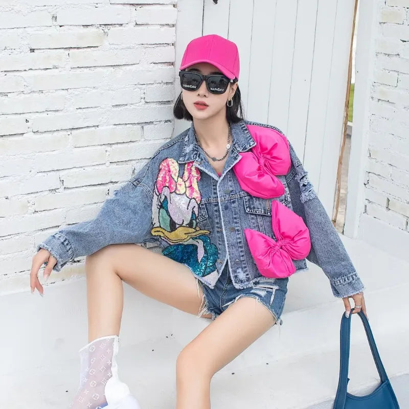 Fashion Brand Jeans Coat Women's Spring Autumn New Heavy Industry Cartoon Sequins Chaqueta High Street Loose-Fitting Denim Coats