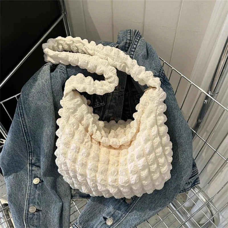 Crossbody Bag With Pleated Design Embroidered Plaid Shoulder Bag Underarm Bags Simple Large Capacity Quilted Tote Bags For Women