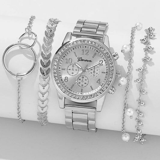 Luxury Quartz Watch Set for Women Premium Silver Elegance with Rhinestone Detail, High Quality 5PCS Women’s Fashion Watch Set Sleek Silver Alloy & Timeless Style, Premium Women’s Silver Quartz Watches Jewelry Set for Chic & Timeless Looks
