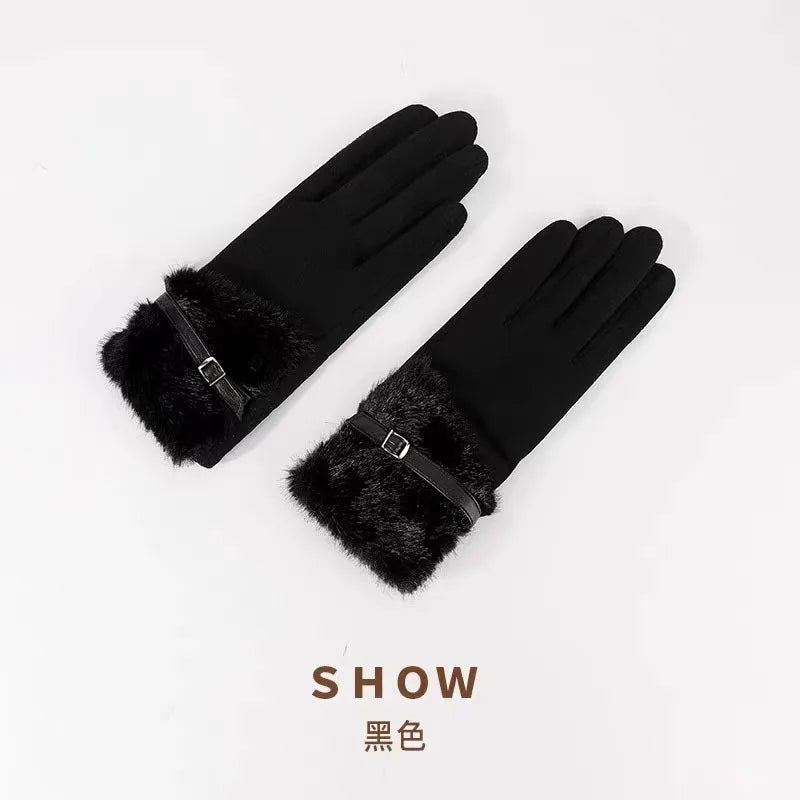 Winter Plush Gloves for Women, Elegant and Warm Riding, Anti Freezing Suede Gloves, Finger Count Touch Screen Gloves