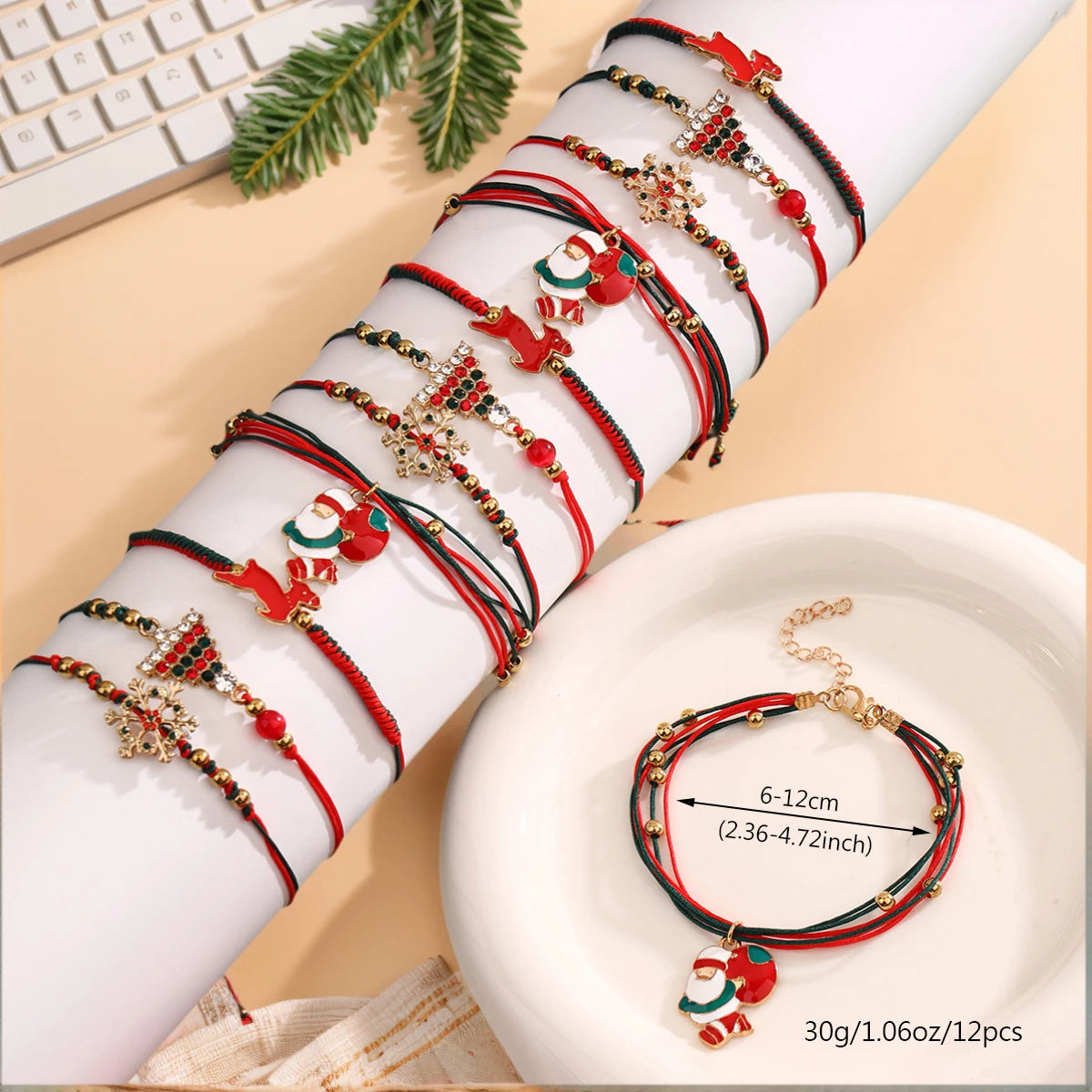 Luxury Christmas 2026 Trend 12 Piece New Christmas Themed Bracelet Set with Rhinestone Christmas Tree, Santa Claus & Reindeer Designs(color random)