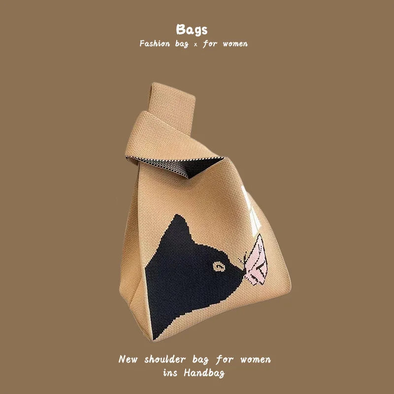 Women Handmade Knitted Small Handbag, Casual Wrist Bag, Student Reusable Shopper Mini Tote Bag, Suitable for Daily Use Outdoor