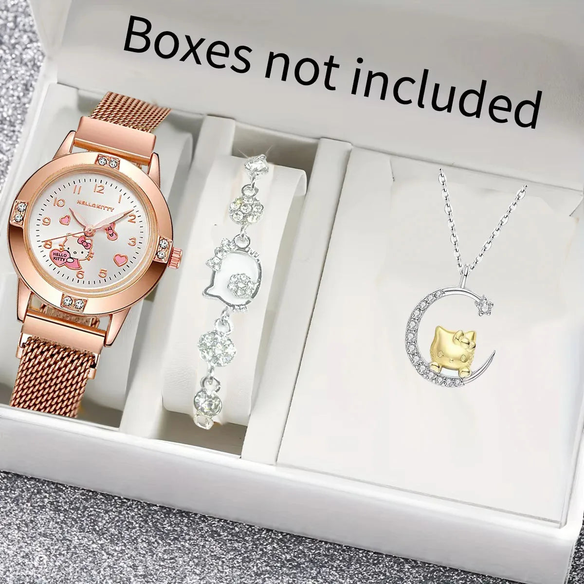 2026 Premium Luxury! Hello Kitty Diamond Watch Gift & Watch Set for Trendy Queens , Limited Edition 3PCS Hello Kitty Watch & Jewelry Gift Set Adorable Meets Elegant, Diamond Watch Set for Trendy Queens