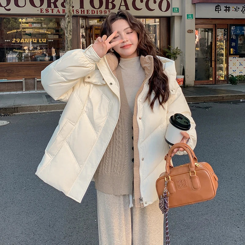 2025 Autumn Winter Puffer Jacket Women Thicken Down Cotton Padded Loose Coat Female Hooded Solid Long Sleeve Short Parkas