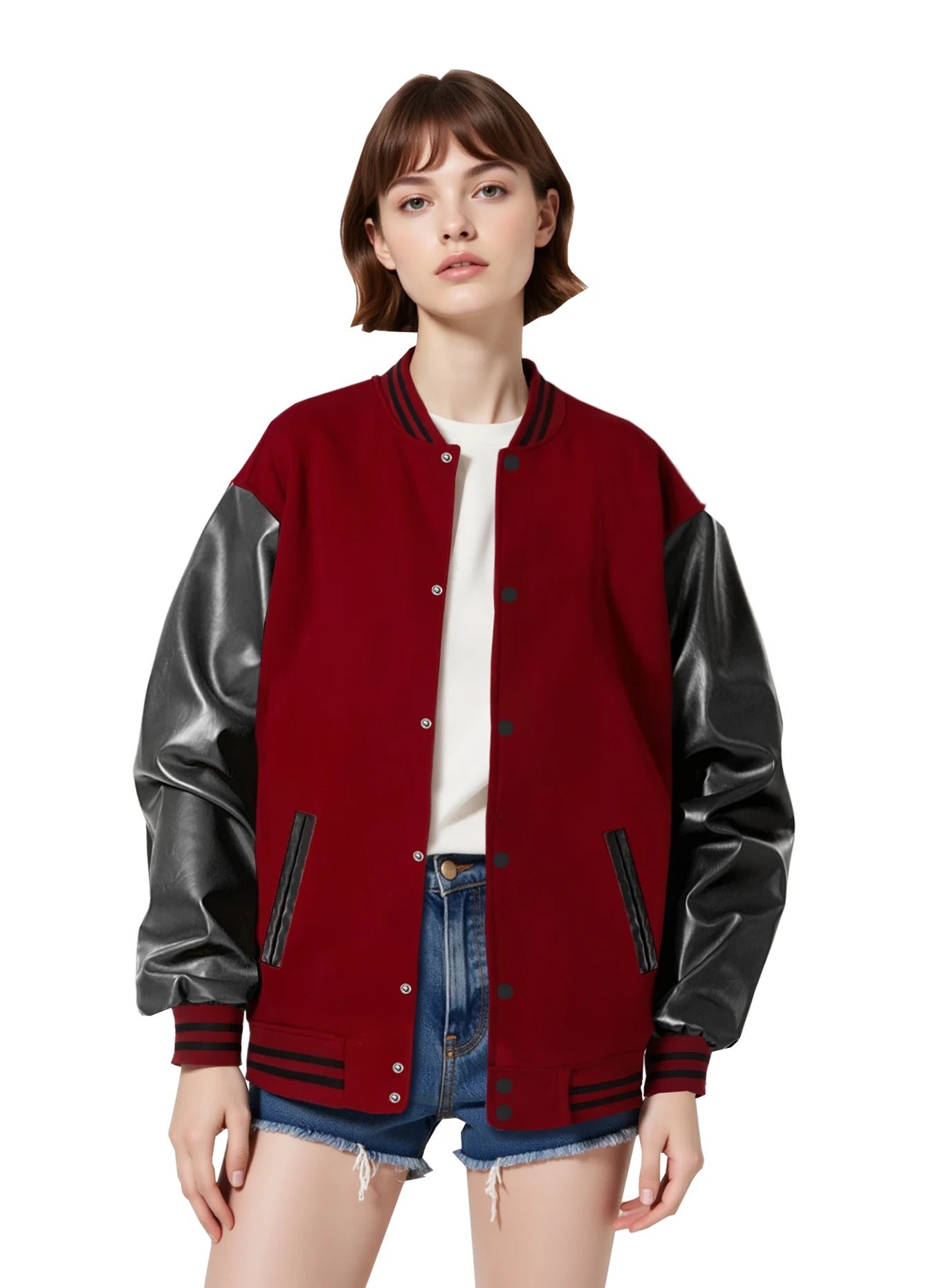 Women's Varsity Jacket with PU Leather Sleeves Fashionable Comfort Design Multiple Colors Available Perfect for Casual Wear