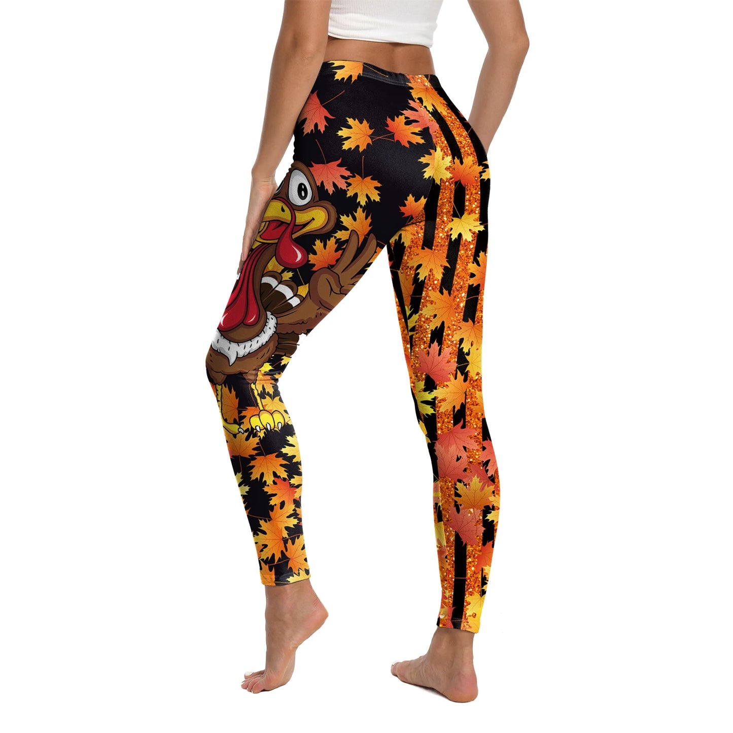High Quality 2026 Edition Maple Leaf Pattern Cosplay Leggings Thanksgiving Day Turkey Tight Pants Woman Autumn Holiday Costumes Party Performance Trousers