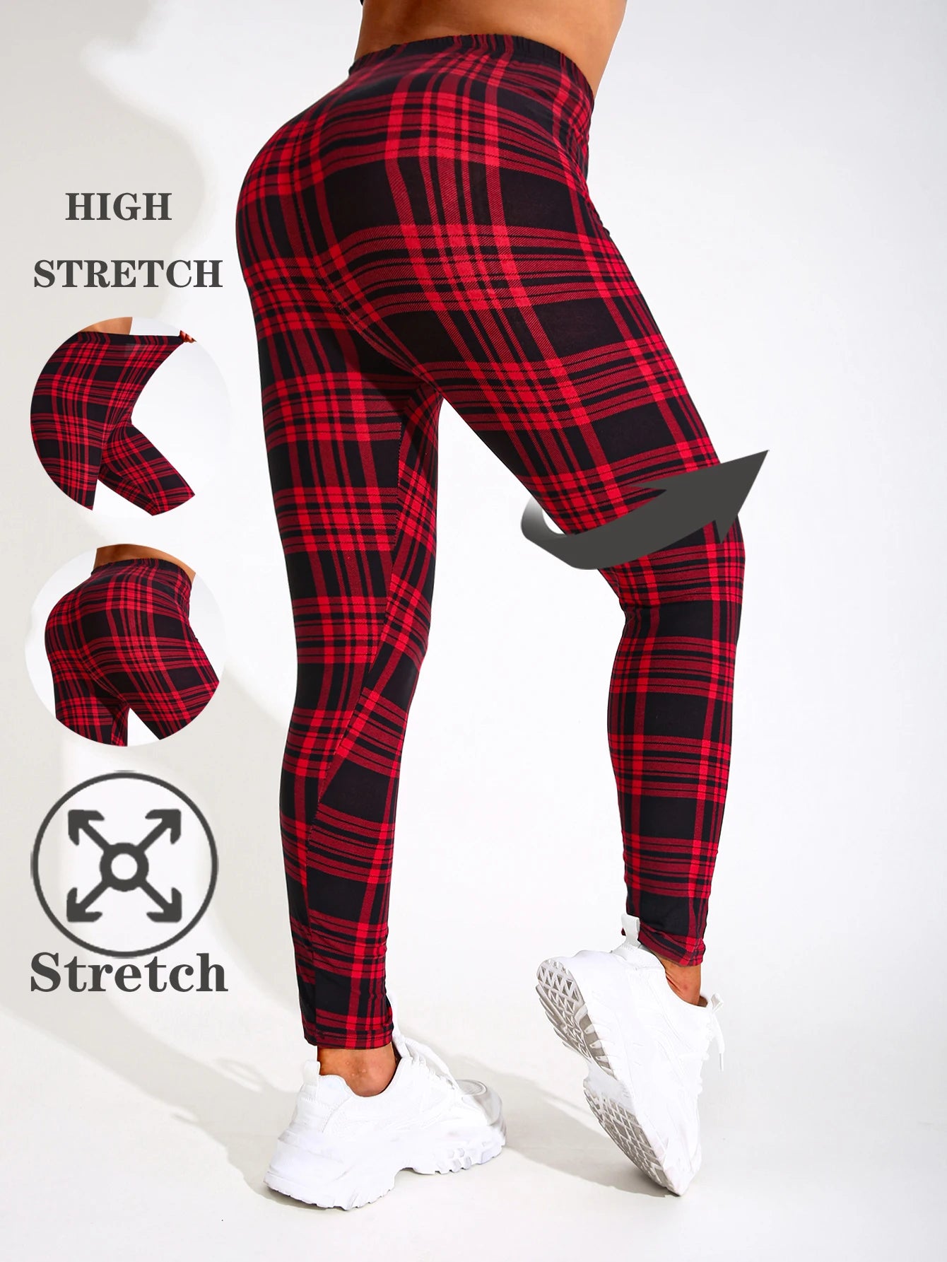 Casual Fashionable Brushed High Elasticity Sexy Tight Fitting Black And Red checkered Leggings Sports Slimming Yoga Pants