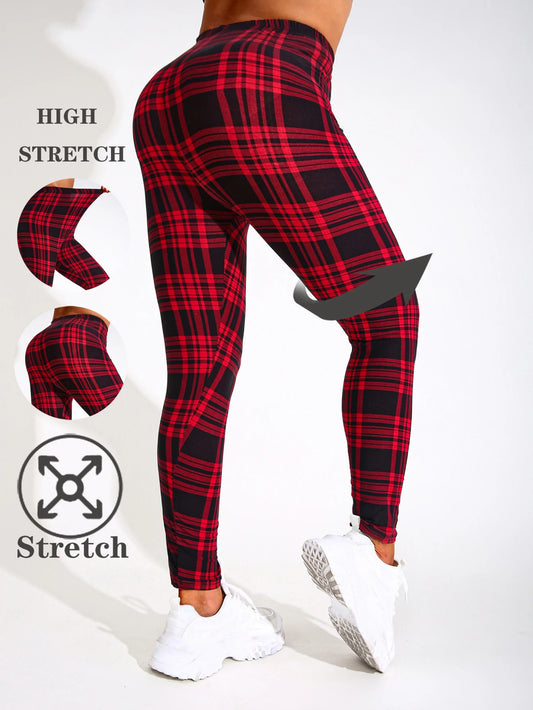 Casual Fashionable Brushed High Elasticity Sexy Tight Fitting Black And Red checkered Leggings Sports Slimming Yoga Pants