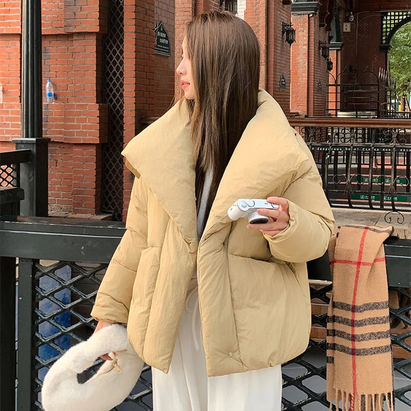 Women's Winter Lapel Puffer Jacket Loose Y2K Fashion Down Cotton Coat Woman Solid Color Casual Windproof Warm Cropped Parkas