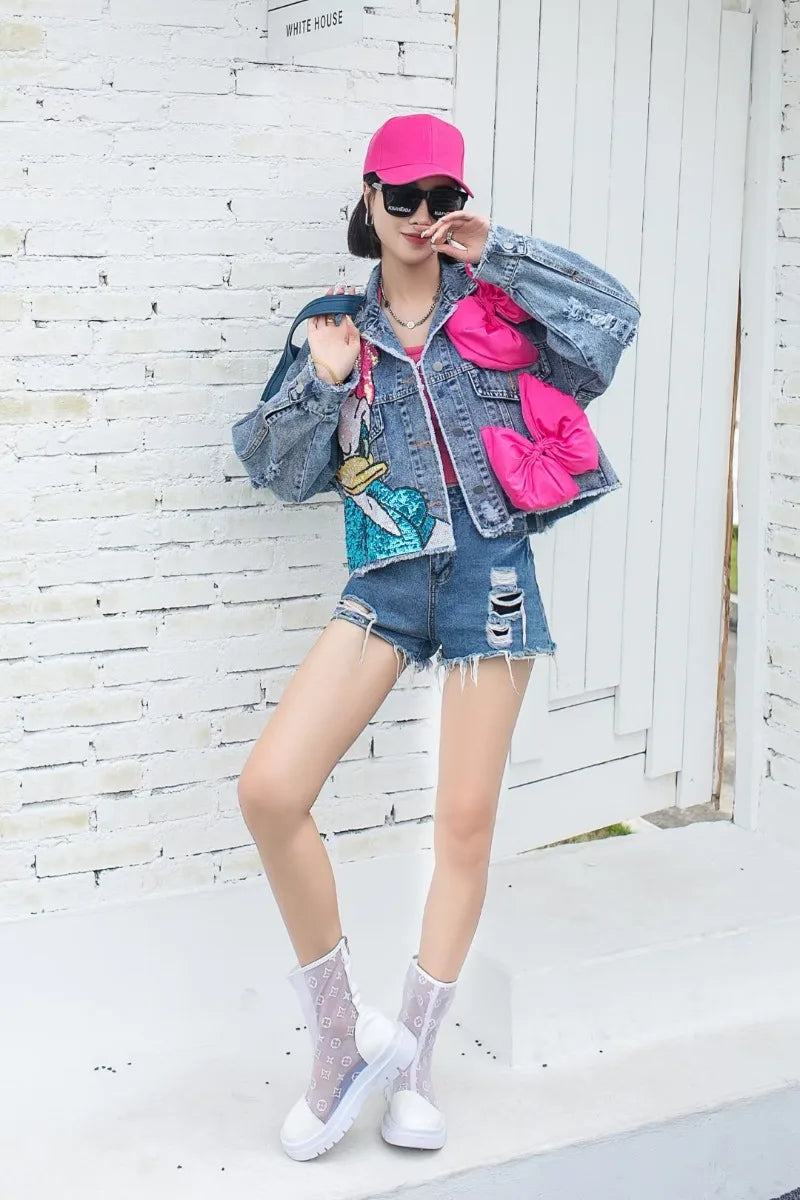 Fashion Brand Jeans Coat Women's Spring Autumn New Heavy Industry Cartoon Sequins Chaqueta High Street Loose-Fitting Denim Coats