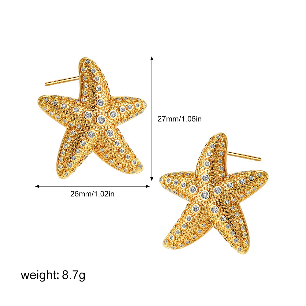 Luxe Gold CZ Earrings for Women Who Slay, Golden Seashell Elegance Premium CZ Starfish Earrings for Trendsetters,  Jewelry Alert! Premium Seashell Earrings Perfect for Summer Glam, Jewelry Alert! ,  Summer Glam