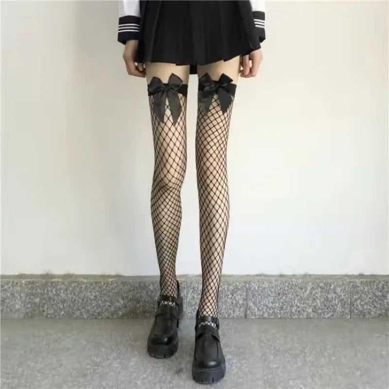 High Quality 2026 Edtion Fancy White Puresire Fishnet Stockings Pink Bow Tie Contrasting Color Women's Knee High sexy hollow out seductive large mesh Stocking#