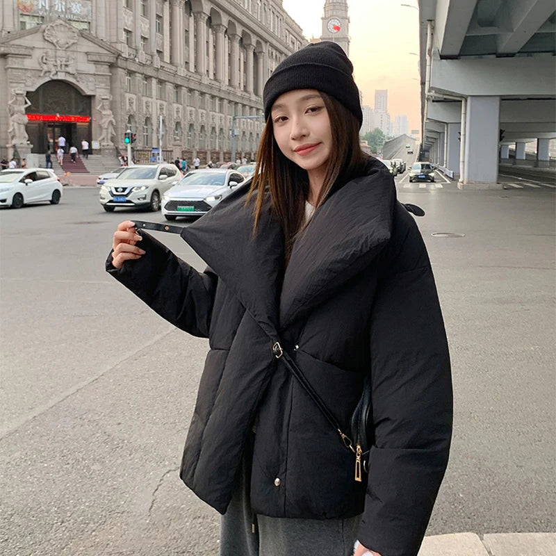 Women's Winter Lapel Puffer Jacket Loose Y2K Fashion Down Cotton Coat Woman Solid Color Casual Windproof Warm Cropped Parkas