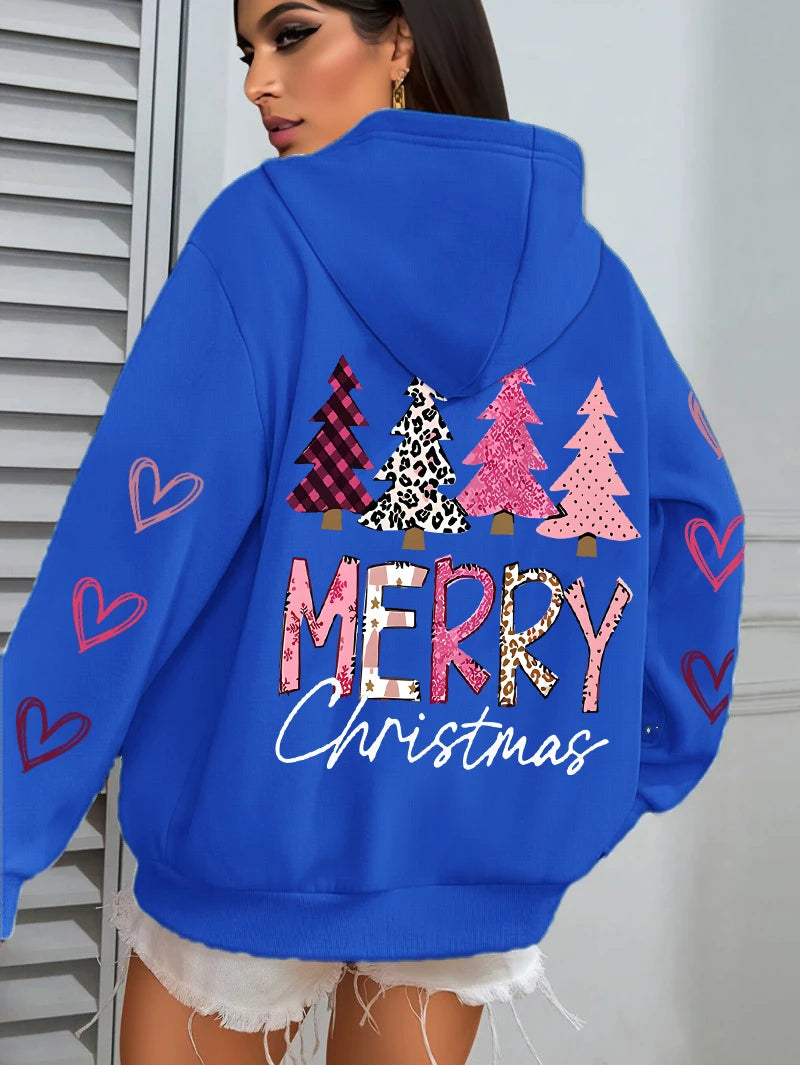 All Match Holiday Streetwear Women’s Merry Christmas Hoodie, Casual, Cozy & Christmas-Ready Harajuku Pink Tree Pullover, Merry Christmas Pink and more colours Tree Hoodie!, Celebrate 2025 in Style Christmas Tree Loose Hoodie
