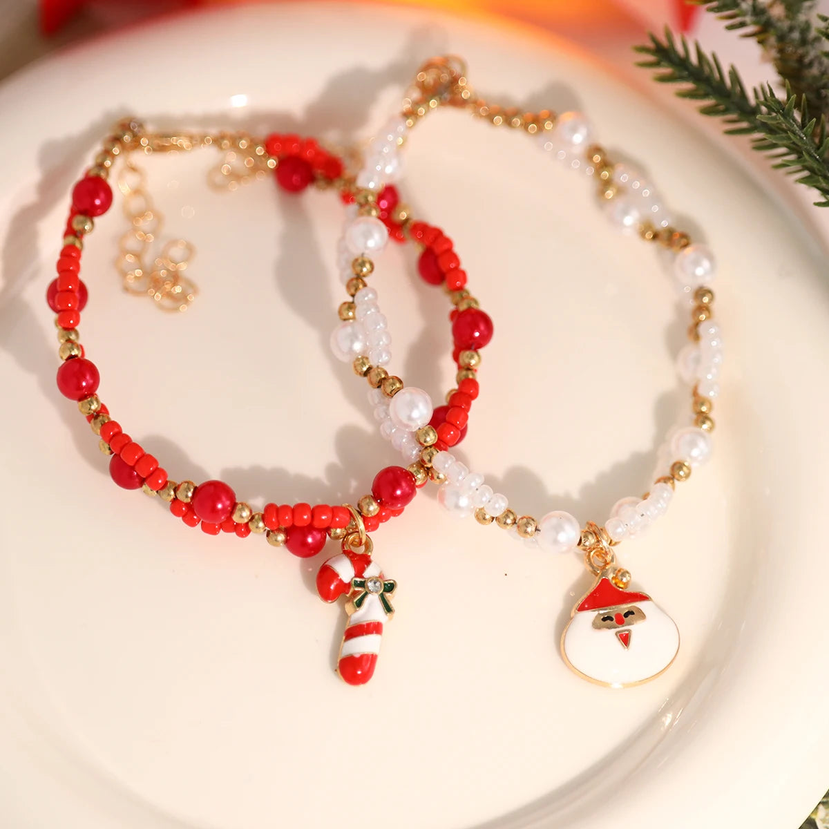 Premium Hand Made Christmas Themed 4 Piece New Hand Woven Bracelet Set with Santa Claus, Christmas Tree, Walking Stick & Teddy Bear Designs(color random)