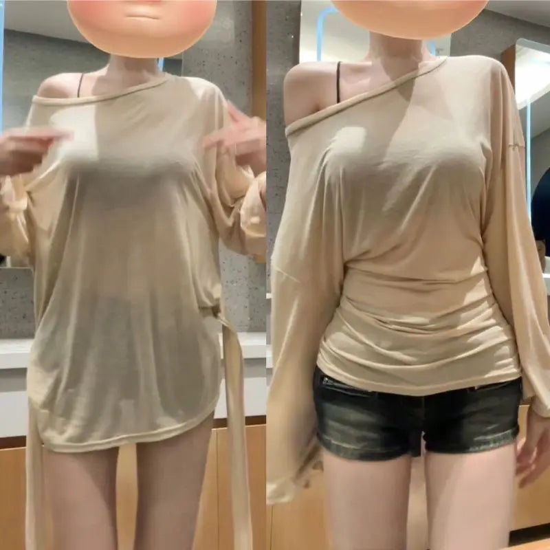 Quality 2026 Fashion Style Sexy Thin See Through Long sleeve Oversize T shirt Women Bandage Off shoulder Top Female Basic Long Tees Korean Chic Lady New