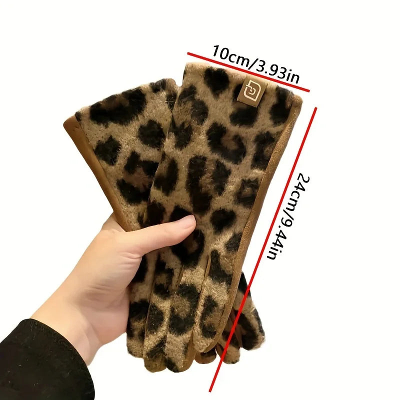 Leopard-Print Gloves Warm, Windproof & Ultra-Chic for Cycling & Driving ,Stay Stylish & Cozy! Premium Plush Winter Gloves for Women Trendy, Warm & Cold Proof