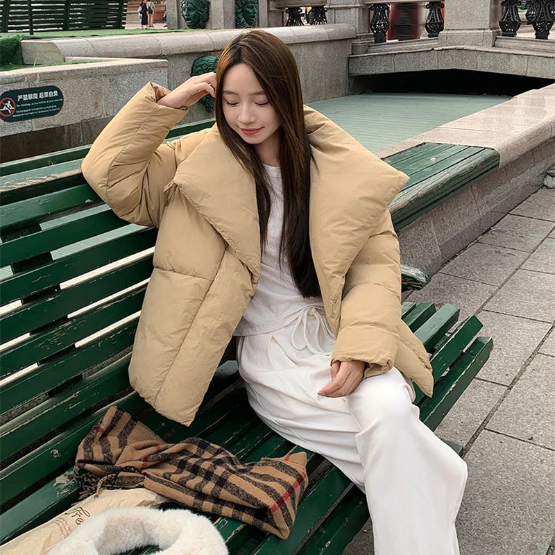 Women's Winter Lapel Puffer Jacket Loose Y2K Fashion Down Cotton Coat Woman Solid Color Casual Windproof Warm Cropped Parkas