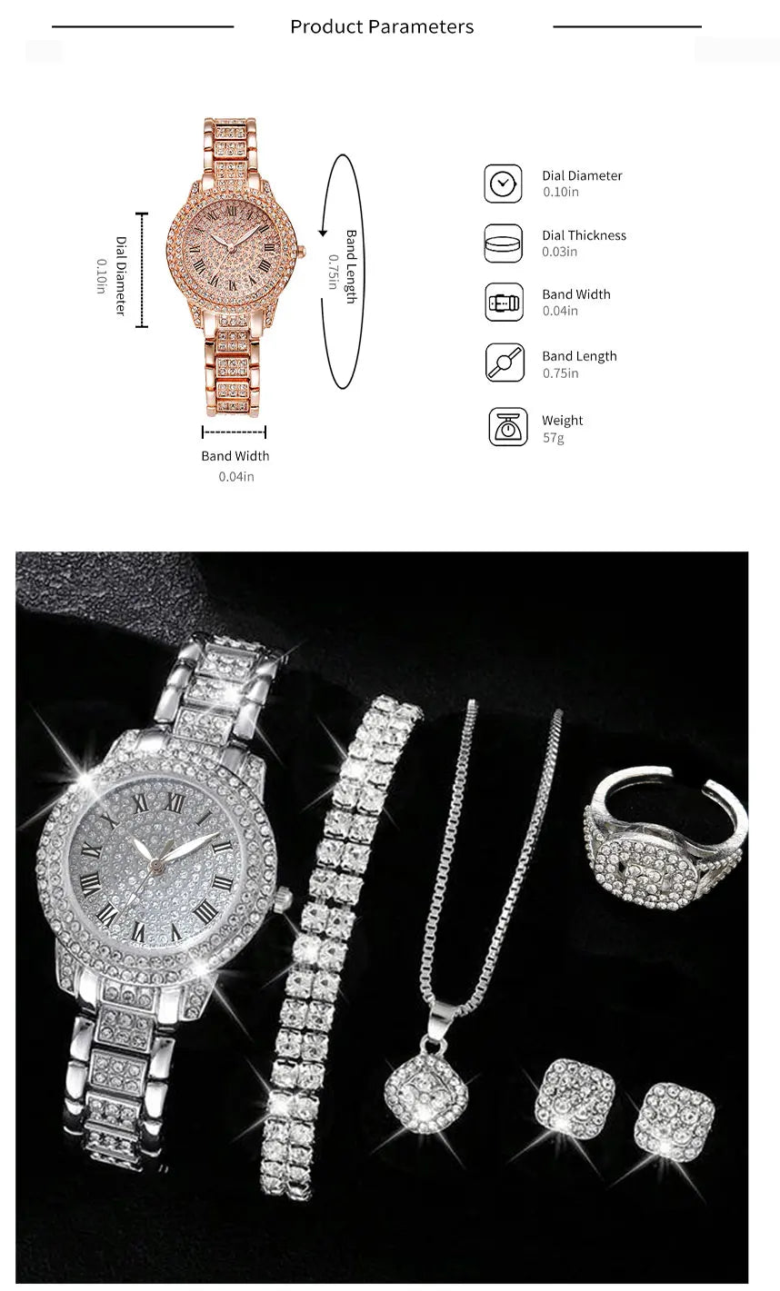 The Ultimate Luxury Vibe  6PCS Alloy & Crystal Watch Set High-Class, Timeless, Unforgettable, Premium Quartz Watch & Bracelet Set Sparkle Brighter, Live Louder, 2026 Edition, Elegant 6-in-1 Luxury Watch & Rhinestone Bracelet Set  Premium Gift