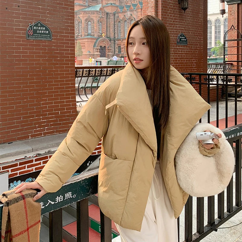 Women's Winter Lapel Puffer Jacket Loose Y2K Fashion Down Cotton Coat Woman Solid Color Casual Windproof Warm Cropped Parkas