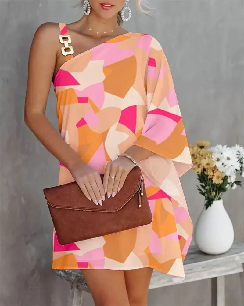 2026 Fashion Comfortable,Style Sexy Diagonal Neck Commuter Dress with Metal Strap Glam , Look Fashion Forward & Feel Effortlessly Elegant Solid & Printed Summer Dress