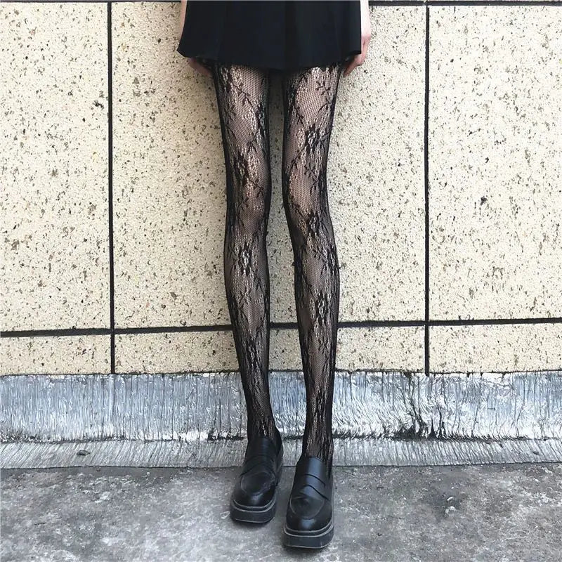 High Quality Heart Flower Pattern Pantyhose, Trendy Japanese Punk Inspired Mesh Tights Sexy, Soft & Premium, Mesh Heart & Flower Fishnet Stockings, Sexy & Cute! Heart Flower Mesh Fishnet Tights for Trendy Girls