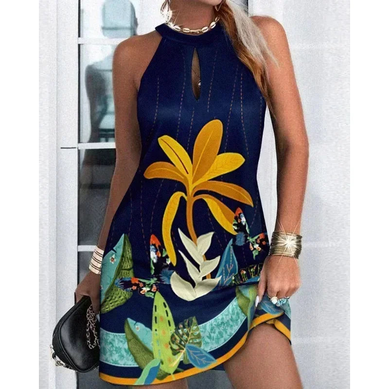 Luxury Meets Fun Trendy Dress for Commuter Days or Holiday Nights, Summer Vibes! Sexy Sleeveless Hanging Neck Printed Dress Perfect for Parties & Getaways , Casual Dress with Chic Prints & Flirty Sleeveless Design