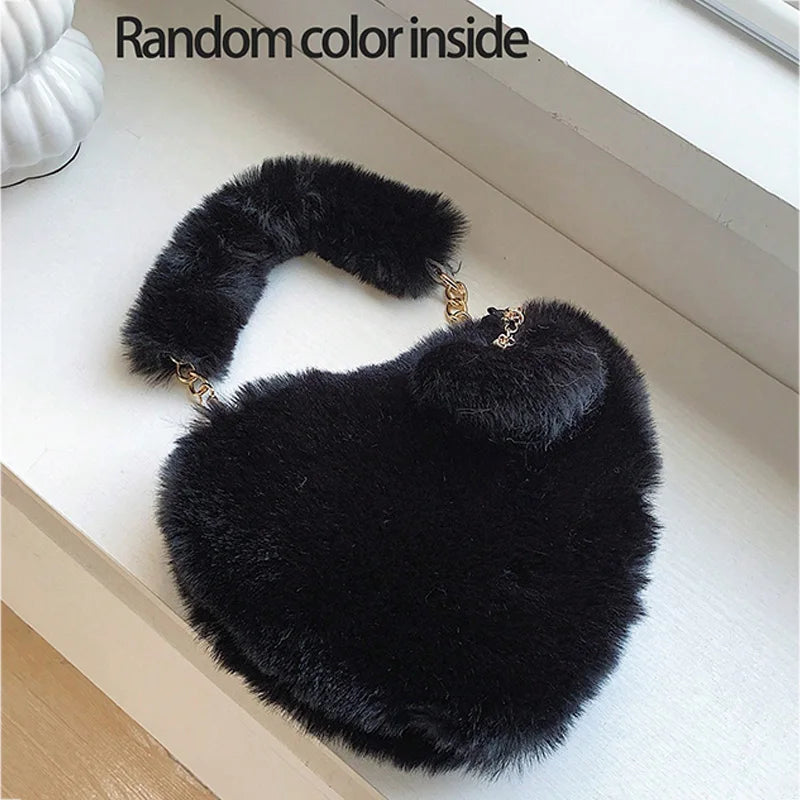 Premium Plush Chain Shoulder Bag  Sexy, Fashion , 2026 Fluffy Chic! Heart-Shaped Faux Fur Bag Cute, Cozy & Ultra Trendy