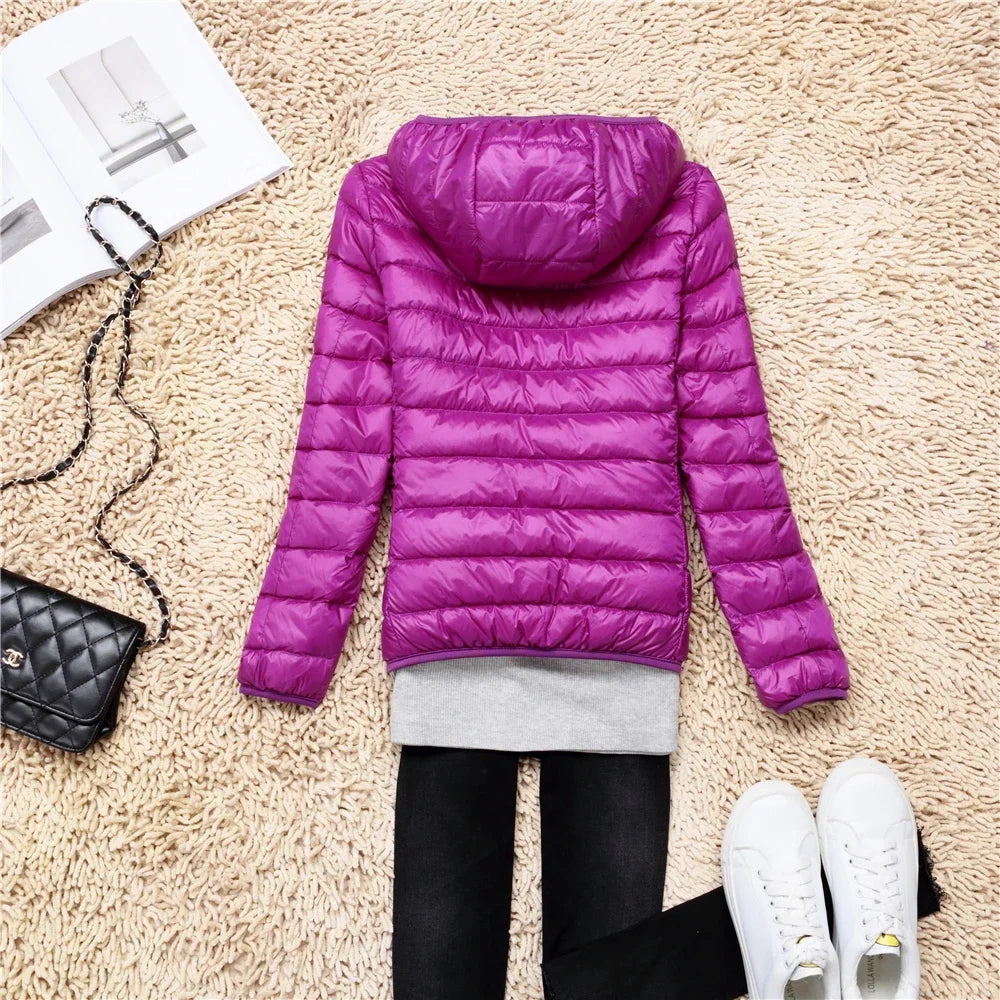 Women Puffer Jacket 2024 New Spring Autumn Female Ultra Light Weight Packable Hooded Down Coats Winter Inner Dock Down Coat