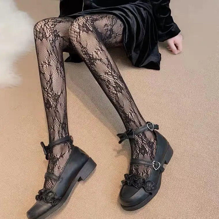 High Quality Heart Flower Pattern Pantyhose, Trendy Japanese Punk Inspired Mesh Tights Sexy, Soft & Premium, Mesh Heart & Flower Fishnet Stockings, Sexy & Cute! Heart Flower Mesh Fishnet Tights for Trendy Girls
