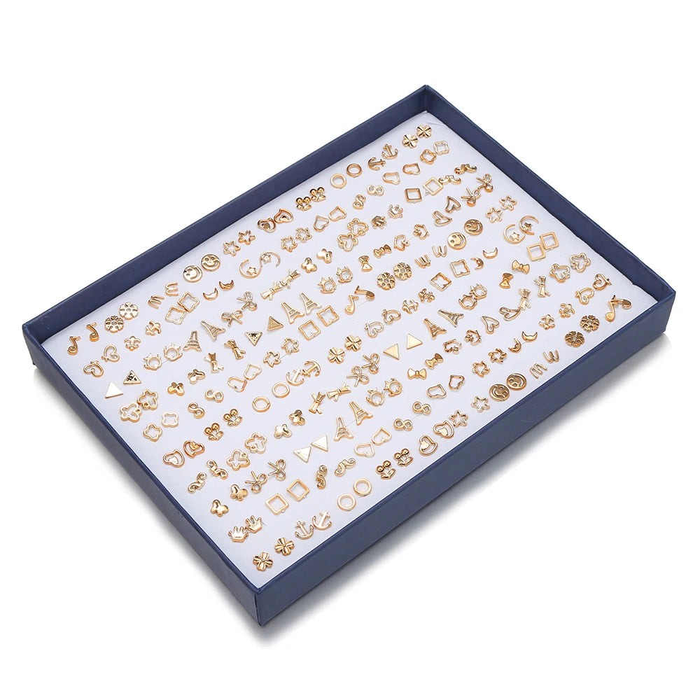 Luxury & Variety in One Set 2026 Premium Sparkle! 100 Pairs Women’s Women’s Stud Earring Collection Premium Quality, Lightweight Stud Earrings Hearts, Stars & Crowns for Trendy Fashionistas