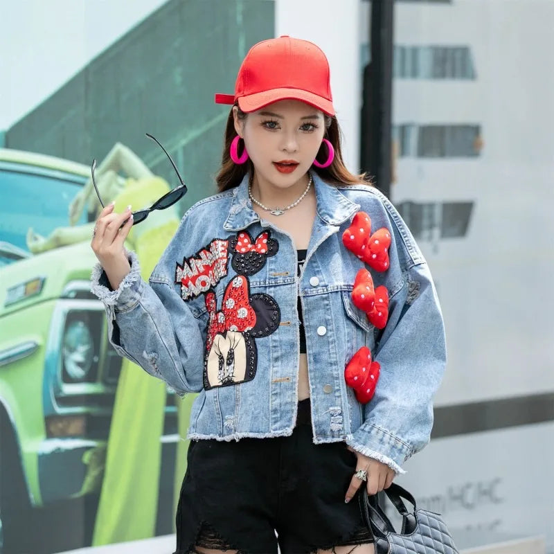 Fashion Brand Jeans Coat Women's Spring Autumn New Heavy Industry Cartoon Sequins Chaqueta High Street Loose-Fitting Denim Coats