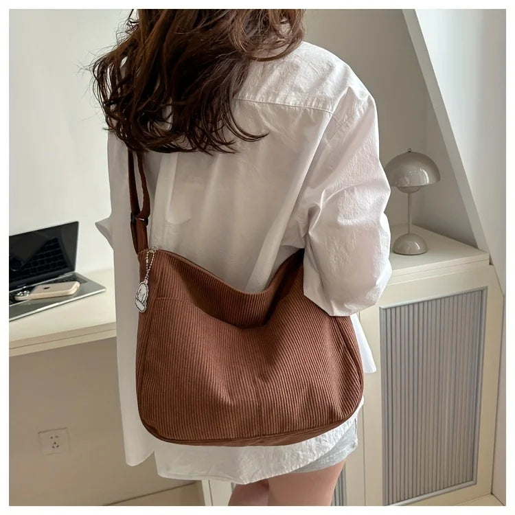 Women’s Corduroy Shoulder Bag, Casual Striped Large Capacity Tote with Zipper Closure, Cute Hat Patch, Perfect for Everyday Use