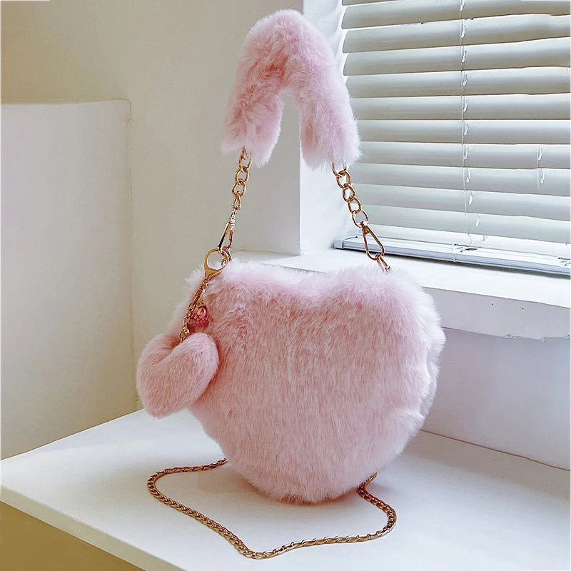 Premium Plush Chain Shoulder Bag  Sexy, Fashion , 2026 Fluffy Chic! Heart-Shaped Faux Fur Bag Cute, Cozy & Ultra Trendy